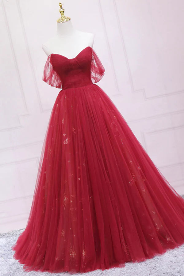 Red Tulle Long A-Line Prom Dress Off the Shoulder Formal Evening Dress